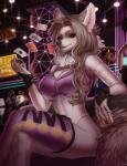 anthro breasts card casino clothed clothing female fur group hair looking_at_viewer slot_machine solo_focus mikinyaro canid canine mammal hi_res