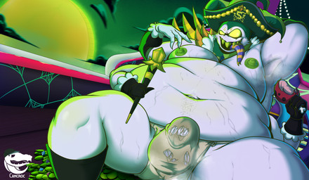 4_arms anthro armpit_hair bodily_fluids body_hair clothing coin costume dirty dirty_clothing food gloves handwear holding_food holding_object jockstrap male moobs multi_arm multi_limb musk overweight pirate slightly_chubby slob solo sweat sweatdrop tongue tongue_out underwear camcroc hellaverse helluva_boss mammon_(helluva_boss) demon absurd_res hi_res