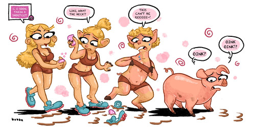 blonde_hair dialogue female feral forced forced_transformation hair human_to_feral species_transformation speech_bubble tanned_skin transformation transformation_sequence transformation_through_magic bubbalossom domestic_pig human mammal suid suine sus_(pig) hi_res