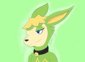 anthro bedroom_eyes bell bell_collar black_nose blue_eyes collar eyelashes femboy flower flower_on_head fur green_background green_body green_fur lidded_eyes male narrowed_eyes plant seductive simple_background smile solo yellow_flower anonymous_artist nintendo pokemon deer deerling generation_5_pokemon mammal pokemon_(species) summer_deerling 2017 bust_portrait hi_res portrait signature
