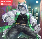 anthro city city_background claws clothing finger_claws fur green_eyes hoodie jewelry male multicolored_body multicolored_fur muscular muscular_anthro muscular_male necklace red_sclera solo topwear weedwolf weedwolfeatmeat lifewonders live_a_hero monomasa canid canine canis domestic_dog husky mammal nordic_sled_dog spitz absurd_res hi_res