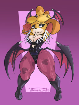 abstract_background accessory anthro areola_outline breast_squish breasts cleavage clothed clothing cosplay crossover_cosplay female hair_accessory latex latex_clothing partially_clothed pose solo squish tight_clothing wings stinkplum animal_crossing capcom darkstalkers nintendo isabelle_(animal_crossing) morrigan_aensland canid canine mammal 3:4 crossover hi_res pinup signature