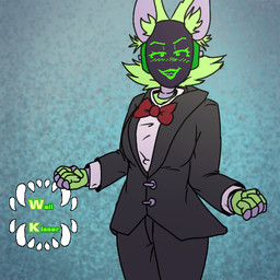 anthro black_clothing black_suit bow_tie cheek_tuft classy clothing devious_grin facial_tuft female fluffy_ears fur green_body green_fur machine red_bow_tie solo suit suit_jacket tuft wallkisser cofi_(wallkisser) protogen 1:1