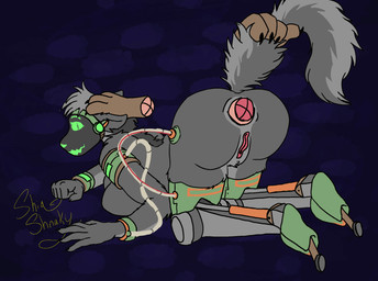 anthro cybernetic_limb disembodied_penis female genitals machine male penis solo vulva shiashnaky k.i.w.i protogen 2d_animation animated hi_res