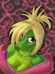 anthro blonde_hair breasts cleavage clothed clothing female green_body hair looking_at_viewer non-mammal_breasts red_eyes simple_background solo avencri cela crocodile crocodilian reptile scalie 2008 3:4