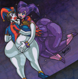 4_fingers abstract_background big_breasts big_bulge big_butt blue_eyes bodysuit bottom_heavy breasts brown_hair bubble_butt bulge butt butt_grab clothing curvy_figure duo eyelashes eyeshadow female femboy fingers fool's_hat glistening glistening_body glistening_butt glistening_legs glistening_skin gloves hair hand_on_butt handwear hat headgear headwear huge_breasts huge_butt huge_hips huge_thighs jester leotard light-skinned_male light_body light_skin lipstick makeup male male/female multicolored_eyes not_furry purple_eyeshadow purple_lipstick red_clothing red_eyes red_gloves red_handwear red_lipstick rosy_cheeks short_hair skinsuit text thick_thighs tight_clothing two_tone_eyes voluptuous voluptuous_female voluptuous_human white_body white_skin wide_hipped_female wide_hipped_human wide_hipped_humanoid wide_hipped_male wide_hips parasitedeath glitch_productions nights_into_dreams sega the_amazing_digital_circus nights_(nights_into_dreams) pomni_(tadc) human humanoid mammal nightmaren 2025 absurd_res artist_name crossover graphite_(artwork) hi_res marker_(artwork) signature traditional_media_(artwork)