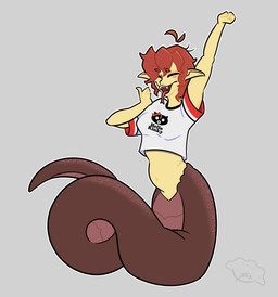 ahoge apode belly clothing fangs female hair legless long_ears navel open_mouth parody red_hair scales serpentine shirt sitting smile solo split_form standing stretching t-shirt tail teeth tired tongue tongue_out toony topwear underbelly wavy_hair yawn yellow_body pierogipie gorillaz hello_kitty_(series) sanrio sun_haven lacey_(pierogipie) draconcopode humanoid lamia reptile scalie snake absurd_res hi_res