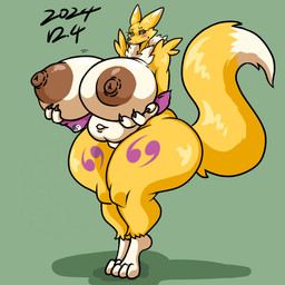 anthro areola armwear armwear_only big_breasts blue_eyes blush breasts bridal_gauntlets bridal_gauntlets_only clothing double_tomoe featureless_crotch female fur huge_breasts hyper hyper_breasts mostly_nude nipples slightly_chubby solo tail thick_thighs tomoe_(symbol) wide_hips yellow_body yellow_fur yin_yang mrblack_eye2 bandai_namco digimon digimon_(species) renamon 1:1 hi_res