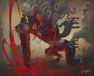 anthro armor biped breastplate claws clothing cuisse fur gauntlets gloves greaves hair handwear headgear helmet holding_melee_weapon holding_object holding_sword holding_weapon long_hair male melee_weapon pauldron rerebrace sabatons solo sword toe_claws vambrace weapon white_body white_fur white_hair creepy_gun elden_ring fromsoftware maliketh_(elden_ring) canid canine canis mammal wolf 2025 digital_media_(artwork) hi_res
