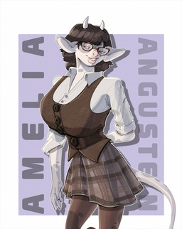 bedroom_eyes big_breasts big_ears bottomwear breasts brown_hair button_(fastener) clothing collared_shirt dress_shirt eyewear female glasses hair horn huge_breasts legwear lips narrowed_eyes nerd pantyhose pattern_bottomwear pattern_clothing pattern_skirt plaid plaid_bottomwear plaid_clothing plaid_skirt seductive shirt skirt sweater sweater_vest tail thick_lips tight_clothing topwear vest wavy_hair bigoldoinks amelia_angustein bovid bovine cattle holstein_friesian_cattle mammal hi_res