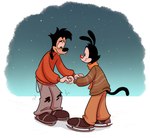 anthro clothed clothing duo gloves hand_holding handwear happy looking_at_another male male/male on_model shaking skating sky smile star ciervorobot animaniacs disney goof_troop warner_brothers max_goof yakko_warner canid canine canis domestic_dog inkblot mammal absurd_res hi_res