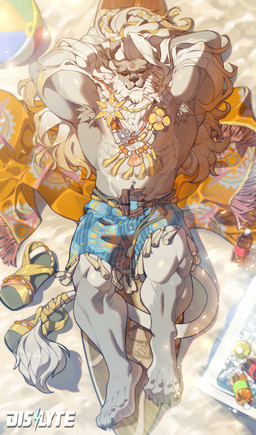 abs anthro areola armpit_hair ball barazoku beach beach_ball beaded_jewelry beaded_necklace beads beard belt beverage beverage_bottle biceps black_nose black_sclera blonde_highlights blue_clothing blue_swimming_trunks blue_swimwear body_hair bottle claws clothed clothing container cooler facial_hair floral_neckwear footwear forehead_gem fur gem hair hands_behind_head high-angle_view highlights_(coloring) ice ice_cube inflatable jewelry long_hair looking_at_viewer lying male multicolored_jewelry multicolored_necklace muscular muscular_anthro muscular_male muscular_thighs navel necklace nipples obliques on_back on_board orange_clothing orange_serape pecs rope rope_belt sand sandals serape serratus shoes smile solo surfboard swimming_trunks swimwear tail tail_tuft tail_wraps tan_areola tan_body tan_fur tan_nipples toe_claws topless tuft white_hair wraps yellow_clothing yellow_eyes yellow_footwear yellow_sandals rayoriens dislyte lilith_games javid_(dislyte) felid lion mammal pantherine 2025 absurd_res hi_res huge_filesize official_art