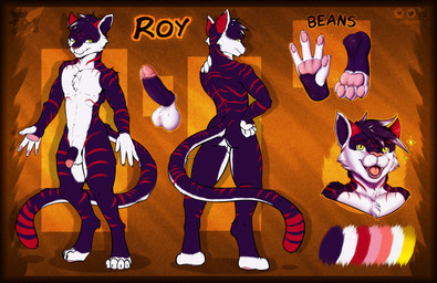 anthro balls bodily_fluids butt circumcised claws erection feet flaccid fur genital_fluids genitals hair hand_on_hip hand_on_shoulder hindpaw humanoid_genitalia humanoid_penis looking_at_viewer male markings nude open_mouth pawpads paws penile penis purple_body purple_fur red_stripes simple_background smile solo sparkles standing striped_body striped_markings striped_tail stripes tail tail_markings teeth toe_claws toes tongue white_body white_fur aktiloth felid feline mammal pantherine tiger absurd_res digital_media_(artwork) hi_res letterbox model_sheet