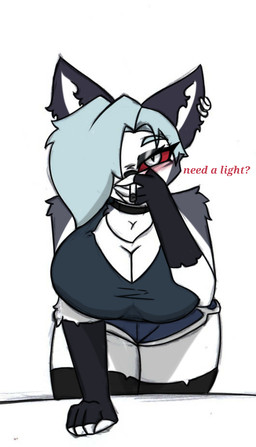 anthro big_breasts bottomwear breasts cigarette cleavage clothed clothing female shorts smoking solo thick_thighs wide_hips pace-maker hellaverse helluva_boss mythology loona_(helluva_boss) canid canid_demon canine demon hellhound mammal mythological_canine mythological_creature