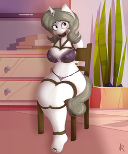 anthro bdsm bondage bound bra breasts chair clothing feet female furniture gag group horn horn_jewelry horn_ring jewelry magic_suppression panties panties_in_mouth plantigrade ring ring_(jewelry) rope solo tape tape_gag toe_restraints toes toes_tied underwear digiqrow hasbro my_little_pony mythology equid equine horse mammal mythological_creature mythological_equine pony unicorn absurd_res hi_res