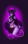 clothed clothing female hair horn jewelry lips long_hair necklace nipples not_furry open_mouth purple_body purple_hair purple_lips purple_skin simple_background solo tongue yellow_eyes elwinne tyhia demon humanoid