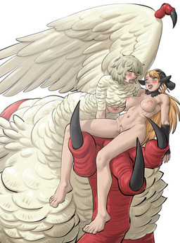big_breasts black_clothing black_headwear blonde_hair blush blush_lines bodily_fluids breasts clothing duo feathered_wings feathers feet female female/female genitals green_eyes hair headgear headwear holding_another humanoid_pointy_ears long_hair navel nude open_mouth pointy_ears pubes red_body red_scales saliva saliva_string scales short_hair simple_background size_difference tan_body tan_skin tears thick_thighs tongue tongue_out vulva white_background white_body white_feathers wide_hips wings yellow_eyes heppari delicious_in_dungeon mythology falin_touden marcille_donato dragon dragon_taur elf feathered_dragon feathered_dragon_taur feathered_scalie humanoid humanoid_taur mythological_creature mythological_scalie scalie taur hi_res