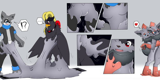 anthro beak black_body black_inner_ear black_nose black_pawpads blue_eyes bottomwear breast_grab breast_growth breasts claws clenched_teeth close-up clothed clothing countershading duo duo_transformation ellipsis exclamation_point facial_markings featureless_crotch female fully_clothed gender_transformation gloves_(marking) goo_drip goo_transformation gradient_background grey_body growth hand_on_breast head_markings heart_symbol interrobang leg_markings looking_at_own_hand male markings mask_(marking) mtf_transformation neck_tuft nude open_mouth open_smile pants pawpads paws puddle red_eyes red_markings shirt simple_background smile socks_(marking) species_transformation speech_bubble standing striped_markings striped_tail stripes tail tail_markings teeth topwear transformation transformation_sequence tuft white_body white_countershading winged_arms wings yellow_markings wolferion nintendo pokemon ciel_(phoenix) scootchies_(scootchiescat) avian generation_5_pokemon pokemon_(species) zorua 2022 absurd_res colored hi_res pictographics shaded