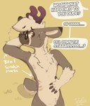 ambiguous_gender anthro bite_mark bodily_fluids bruised dialogue embarrassed eyewear glasses nub_tail scar solo sweat sweatdrop tail tail_motion tailwag wounded doeboi joseph_(doeboi) cervine deer mammal hi_res