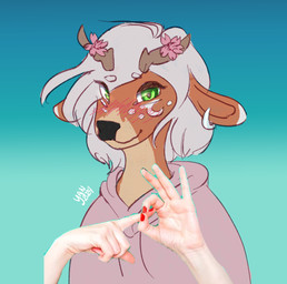 anthro antlers blush brown_body brown_fur ear_piercing ear_ring female flower fur gradient_background green_eyes hair horn looking_at_viewer piercing plant propositioning ring_piercing simple_background solo stock_photo white_hair yan yan_(character) deer mammal sketch