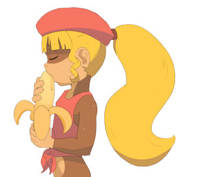 4_fingers anthro banana blonde_hair bodily_fluids bottomless brown_body brown_fur clothed clothing drooling female fingers food food_fetish fruit fur hair long_hair plant ponytail saliva simple_background solo suggestive suggestive_food sweat white_background fridge_(artist) donkey_kong_(series) nintendo dixie_kong haplorhine kong mammal monkey primate 2014 archived_source digital_media_(artwork)