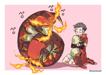 ambiguous_feral ambiguous_gender border bottomwear clothed clothing coiling egg elderly_male elemental_manipulation exoskeleton eyes_closed feral fire fire_manipulation footwear good_parenting grey_hair grey_highlights group gym_leader hair highlights_(coloring) holding_character holding_egg holding_object incubation larger_ambiguous larger_feral male male_human multi_leg multi_limb pink_background pokemon_egg shoes short_hair shorts simple_background sitting size_difference smaller_feral white_border washikulm nintendo pokemon kabu_(pokemon) arthropod centiskorch generation_8_pokemon human mammal myriapod pokemon_(species) sizzlipede 2024 hi_res parent_(lore) parent_and_child_(lore)