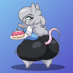 anthro barefoot big_butt black_bottomwear black_clothing black_skirt blue_background blue_clothing blue_shirt blue_topwear bottomwear breasts bubble_butt butt cake candle clothing dessert eyelashes feet female food fur gradient_background green_eyes grey_body grey_fur grey_hair hair huge_butt looking_at_viewer looking_back looking_back_at_viewer open_mouth open_smile pear-shaped_figure plate ponytail rear_view shirt simple_background skirt smile solo tail_between_buttocks tight_bottomwear tight_clothing tight_skirt topwear wide_hips heyfawndue elisa_(maddeku) mammal murid murine rat rodent 1:1 hi_res unavailable_at_source
