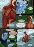 armor barbel_(anatomy) clothed clothing comic dialogue dragon duo emeraldwing english_text exclamation_point facial_hair fangs fenndragon fingerless_gloves flesh_whiskers fully_clothed genitals gloves grass hair handwear hi_res highborn horn male mythological_creature mythological_scalie mythology outside penis plant question_mark scalie scar speech_bubble tail teeth text tongue tree water waterfall white_hair