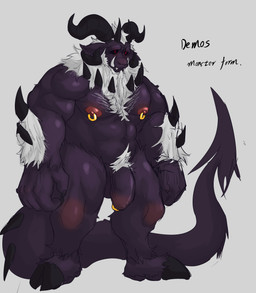 big_tail black_body black_fur black_sclera body_hair chest_hair fur genital_piercing genitals grey_background hooves horn male multi_horn muscular muscular_male nipple_piercing nipples nude penis penis_piercing piercing red_eyes simple_background solo tail demonrat demos_(demonrat) bovid caprine goat mammal monster absurd_res hi_res