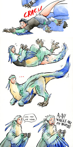 blue_body blue_feathers clothed clothing controller feather_growth feathers feral foot_growth furniture game_controller gaming green_body green_feathers growth long_ears loss_of_dexterity lying male mid_transformation nude on_back simple_background sofa solo tail tail_feathers tail_growth tail_growth_in_pants text torn_clothing transformation white_background cervelet capcom european_mythology greek_mythology monster_hunter mythology avian bird_wyvern dinosaur dragon harpy human mammal mythological_avian mythological_creature mythological_scalie prehistoric_species reptile saurischian scalie seikret theropod absurd_res english_text hi_res