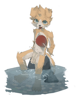 4_toes 5_fingers anthro arm_tuft blonde_eyebrows blue_eyes bottomwear bulge chest_tuft clothing ear_tuft elbow_tuft eyebrows facial_tuft feet fingers fur grey_nose hand_fan holding_object kemono knee_tuft leg_tuft loincloth looking_at_viewer male male_anthro multicolored_body multicolored_fur navel partially_submerged rock shoulder_tuft simple_background sitting smile smiling_at_viewer solo tail toes tongue tongue_out tuft two_tone_body two_tone_fur water white_background white_body white_bottomwear white_clothing white_fur white_loincloth yellow_body yellow_fur young young_anthro young_male regcron crowl_(regcron) canid canine canis domestic_dog mammal 2025 hi_res