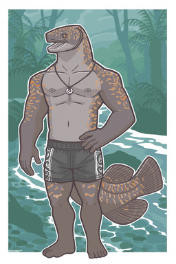 5_fingers 5_toes anthro areola athletic athletic_anthro athletic_male barefoot biceps biped black_clothing black_sclera black_swimming_trunks black_swimwear border brown_body clothed clothed_anthro clothed_male clothing cloud countershading deltoids dorsal_fin feet fern fin fingers gills grey_areola grey_body grey_eyes grey_fin grey_nipples grey_tongue hand_on_hip hand_on_own_hip humanoid_feet humanoid_hands jewelry male male_anthro mountain multicolored_body nature navel necklace nipples non-mammal_navel non-mammal_nipples open_mouth orange_eyes outline outside pecs pendant plant plantigrade pupils sharp_teeth sky snout solo stocky swimming_trunks swimwear tail tail_fin teeth text toes tongue topless topless_anthro topless_male tree tree_fern two_tone_body two_tone_swimming_trunks white_border white_clothing white_outline white_swimming_trunks white_swimwear snarkysardine aquatic fish galaxias giant_kokopu 2026 artist_name dated hi_res