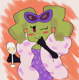 4_fingers abstract_background blush blush_stickers breasts clothing container cup dress drinking_glass eyelashes eyewear female female_humanoid fingers glass glass_container glass_cup green_body green_breasts green_hair green_skin hair holding_container holding_cup holding_drinking_glass holding_glass holding_object holding_wine_glass looking_at_viewer medium_breasts not_furry one_eye_closed pattern_clothing pattern_dress pigtails pink_blush purple_clothing purple_dress purple_eyewear purple_sunglasses smile solo spots spotted_clothing spotted_dress sunglasses wine_glass smogchelo mario_bros nintendo paper_mario mimi_(paper_mario) humanoid 2024