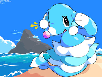 ambiguous_gender black_eyes blue_body cloud emanata eyelashes fangs feral open_mouth rock sea sky solo tail teeth tongue water sleepy_sealion nintendo pokemon brionne generation_7_pokemon pokemon_(species) 2025 4:3 absurd_res dated hi_res signature