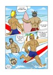 3_panel_comic abs angry anthro athletic athletic_anthro athletic_male barefoot beach black_hair blonde_hair blue_bottomwear blue_clothing blue_shorts bottomwear brown_body brown_fur clothed clothing cloud dialogue duo feet fur furgonomics hair happy hat headgear headwear holding_object male muscular muscular_anthro muscular_male outside palm_tree plant rear_view red_bottomwear red_clothing red_shorts running sea seaside shorts sky surfboard surfer text topless topless_male tree visor_cap water wave vju79 guss_(vju79) roj_(vju79) canid canine canis domestic_dog mammal wolf comic english_text hi_res