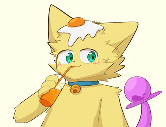 anthro bell bell_collar beverage blush collar drinking_juice drinking_straw egg egg_on_head fur holding_object juice_(beverage) male orange_juice simple_background solo standing three-quarter_view yellow_arms yellow_body yellow_ears yellow_fur yellow_hands young lilitas tamasuke domestic_cat felid feline felis mammal hi_res