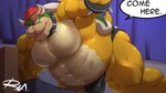 2_horns anthro bed belly bracelet bulge clothing collar detailed_background furniture hair horn inside jewelry male moobs overweight overweight_anthro overweight_male pecs red_hair shell solo spiked_bracelet spiked_collar spiked_shell spikes spikes_(anatomy) text underwear reclamon mario_bros nintendo bowser koopa scalie 2021 english_text