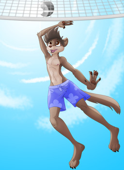 anthro clothing low-angle_view male nipples outside paws shirtless shirtless_male sky slim solo sport swimming_trunks swimwear v-cut volleyball dizzyvixen mammal mustelid musteline true_musteline weasel hi_res