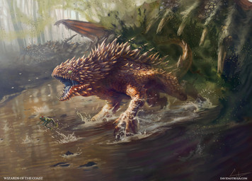 ambiguous_gender brown_body detailed_background feral forest group jumping lake open_mouth plant size_difference spikes spikes_(anatomy) tail text tree water david_astruga hasbro magic:_the_gathering wizards_of_the_coast amphibian frog lizard reptile scalie hi_res official_art url