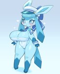 anthro big_breasts blue_body blush breasts clothed clothing female heart_symbol looking_at_viewer simple_background solo rikose nintendo pokemon eeveelution generation_4_pokemon glaceon mammal pokemon_(species)