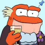 anthro beverage blue_background clothed clothing fastener flower glass grey_hair hair looking_at_viewer male orange_body orange_skin pin_(fastener) plant simple_background solo thumb_tack anonymous_artist amphibia_(series) disney hop_pop pepe_the_frog amphibian frog 1:1 low_res meme