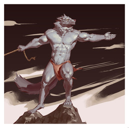 4_toes 5_fingers abs anthro biceps biped black_body black_fur bottomwear claws clothed clothed_anthro clothed_male clothing digitigrade feet finger_claws fingers front_view fur head_turned holding_object holding_rope loincloth loincloth_only looking_aside male mouth_closed muscular muscular_anthro muscular_male navel neck_tuft nipples outside pecs pose red_bottomwear red_clothing red_loincloth rock rope simple_background snout solo tail toes topless topless_anthro topless_male tuft white_background yellow_sclera kingarthur_i canid mammal 2023 digital_drawing_(artwork) digital_media_(artwork) full-length_portrait hi_res portrait