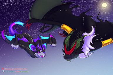 anthro chest_tuft duo eyes_closed flying front_view low-angle_view male outside smile text tuft scalesindark nintendo pokemon bat generation_6_pokemon mammal noivern pokemon_(species) 3:2 hi_res shaded url