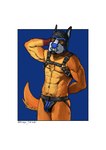 animal_mask anthro clothing harness jockstrap leather leather_harness leather_strap looking_at_viewer male mask pup_mask solo straps underwear drago_tatsuki_(artist) fennix_(tomoyami89p) canid canine fox mammal absurd_res hi_res