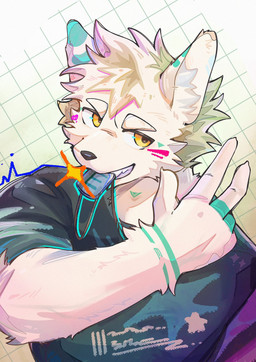 anthro clothing collar fur fur_markings grin hair male markings pose shirt simple_background smile solo topwear white_body white_fur yellow_eyes lpemniii canid canine canis mammal wolf hi_res