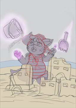 anthro beach bucket building clothing container curly_hair fur fur_markings hair hat headgear headwear levitating levitation magic magic_user male markings neonate object_in_mouth pacifier pacifier_in_mouth sand sand_castle sculpture shovel sitting solo swimwear toddler tools young young_male lunamuenster wildstar gibbous_muenster_(character) chua esper mammal rodent hi_res sketch