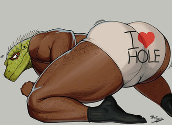 arm_hair ass_up big_butt biped black_clothing black_footwear black_socks bodily_fluids body_hair bulge bulge_from_behind butt butt_jiggle clothed clothing flying_sweatdrops footwear for_a_head green_body green_scales grey_background hairy_legs head_spikes heart_symbol jiggling looking_back lying male male_humanoid motion_lines muscular muscular_humanoid muscular_male nervous nervous_smile plantigrade presenting presenting_hindquarters scales simple_background socks solo spikes spikes_(anatomy) sweat sweatdrop text underwear white_clothing white_underwear jnjonjon do_you_find_men_with_big_butts_attractive dorohedoro kaiman_(dorohedoro) animal_head animal_humanoid humanoid lizard_humanoid reptile reptile_humanoid scalie scalie_humanoid 2026 digital_media_(artwork) english_text