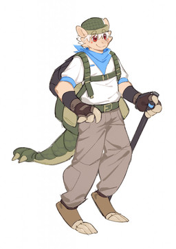 anthro backpack blue_kerchief blue_neckerchief bottomwear closed_smile clothed clothing glistening glistening_eyes green_clothing green_hat green_headwear grey_bottomwear grey_clothing grey_pants hair hat headgear headwear kerchief male messy_hair mouth_closed neckerchief neckwear pants red_eyes short_hair simple_background smile solo standing tan_body three-quarter_view topwear unsigned white_background white_clothing white_hair white_topwear asnnonaka marcos_(asnnonaka) scalie full-length_portrait hi_res portrait