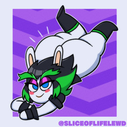 anthro big_butt black_boots black_clothing black_footwear black_hair black_handwear black_mittens black_topwear blue_eyes blush blush_stickers boots border bottom_heavy butt clothing eyelashes eyeshadow female footwear fur green_hair grey_border hair handwear huge_butt looking_at_viewer lying makeup mittens multicolored_hair noseless on_front pattern_background purple_background purple_eyeshadow shoes simple_background smile smiling_at_viewer solo thick_thighs topwear two_tone_hair white_body white_fur wide_hips pulpdirector mario_bros mario_plus_rabbids_sparks_of_hope nintendo raving_rabbids rayman_(series) ubisoft edge_(mario_plus_rabbids) lagomorph mammal rabbid 1:1 2022 absurd_res crossover hi_res