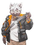 anthro backpack black_clothing black_hoodie black_topwear brown_hair clothing facial_scar hair hoodie khakis male red_eyes scar shirt solo topwear white_clothing white_hair white_shirt white_topwear nexusthelife lifewonders tokyo_afterschool_summoners tadatomo_(tas) canid canine canis domestic_dog mammal hi_res